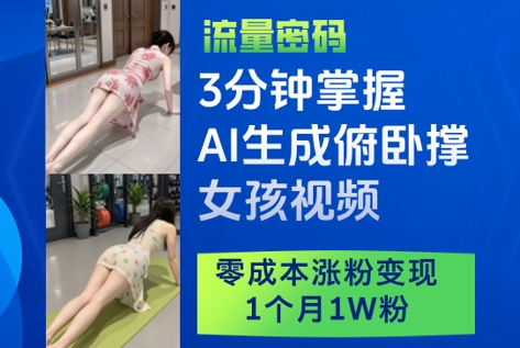 3分钟掌握AI生成俯卧撑女孩视频，零成本涨粉变现，1个月1W粉-网创猫