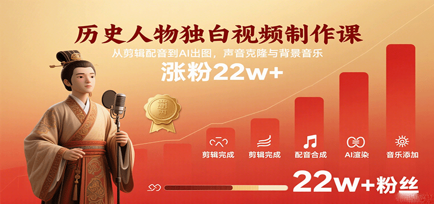 历史人物独白视频制作课，从剪辑配音到AI出图，声音克隆与背景音乐，涨粉22w+-网创猫