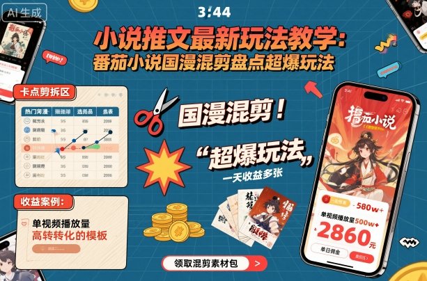 小说推文最新玩法教学，番茄小说国漫混剪盘点超爆玩法，全程干货，一天收益多张-网创猫