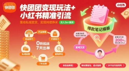 快团团变现玩法+小红书精准引流技巧，助你真正落地私域卖货，实现持续挣米-网创猫