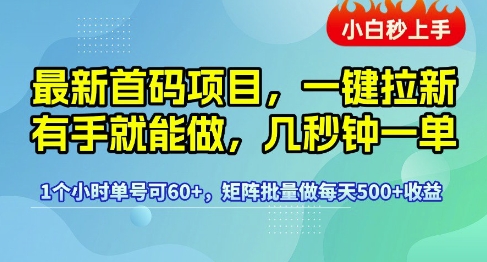 最新首码项目，一键拉新有手就能做，几秒钟一单，1个小时单号可60+，矩阵批量做每天5张-网创猫