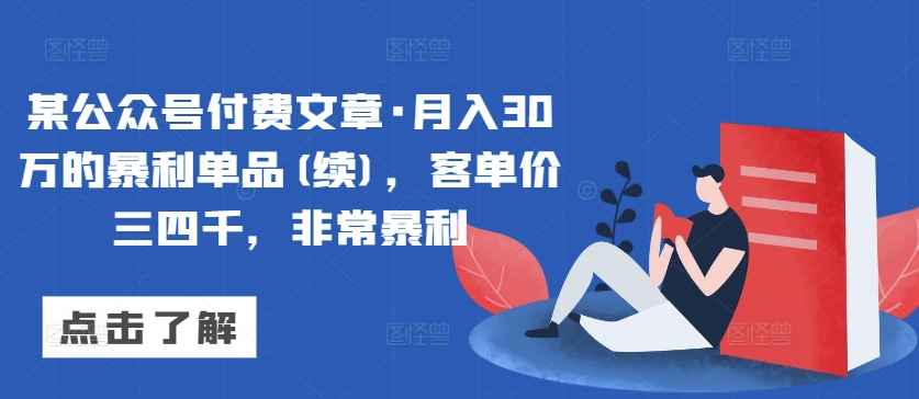 某公众号付费文章·月入30万的暴利单品(续)，客单价三四千，非常暴利-网创猫