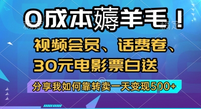 0成本薅羊毛!视频会员、话费卷、30元电影票白送，分享我如何靠转卖一天变现5张+-网创猫