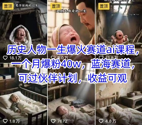 历史人物一生爆火赛道ai课程，一个月爆粉40w，蓝海赛道，可过伙伴计划，收益可观-网创猫