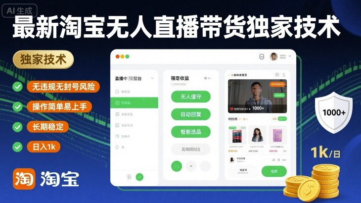 最新淘宝无人直播带货独家技术，无违规无封号风险，操作简单易上手，长期稳定日入1k-网创猫