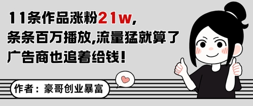 11条作品涨粉21W，条条百W播放，流量猛就算了，广告商也追着给钱-网创猫