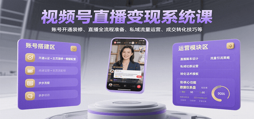 视频号直播变现系统课，账号开通装修、直播全流程准备、私域流量运营、成交转化技巧等-网创猫