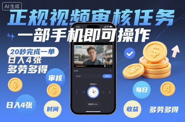 正规视频审核任务，一部手机即可操作，20秒完成一单，日入4张，多劳多得-网创猫