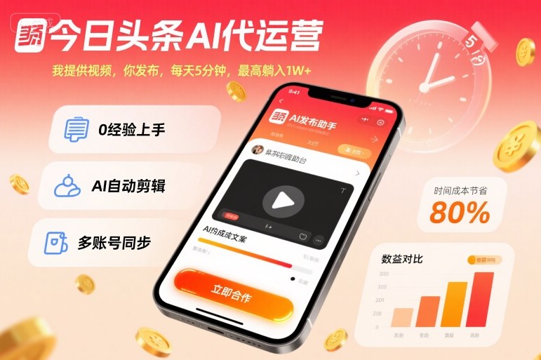 今日头条AI代运营，我提供视频，你发布，每天5分钟，最高躺入1W+-网创猫