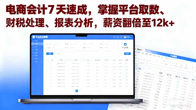 电商会计7天速成，掌握平台取数、财税处理、报表分析，薪资翻倍至12k+-网创猫