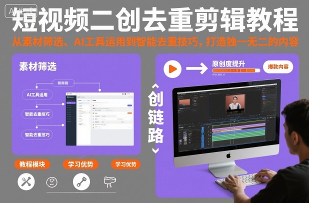 短视频二创去重剪辑教程，从素材筛选、AI工具运用到智能去重技巧，打造独一无二的内容-网创猫