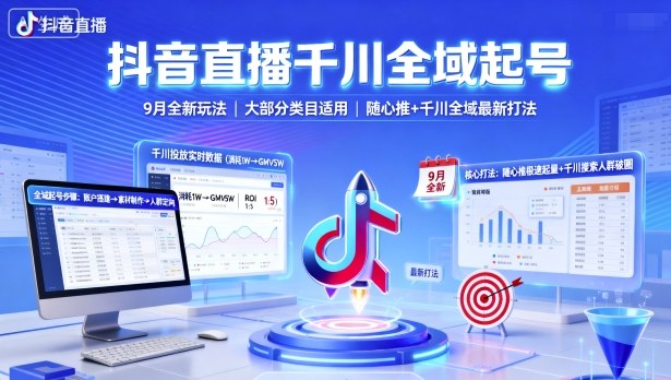 抖音直播千川全域起号，9月全新玩法，大部分类目适用，随心推以及千川全域最新打法-网创猫