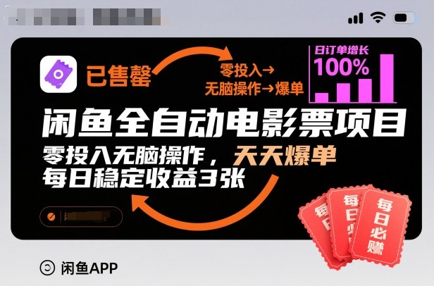 闲鱼全自动电影票项目，零投入无脑操作，天天爆单，每日稳定收益3张-网创猫