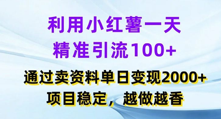 利用小红书一天精准引流100+，通过卖项目单日变现2k+，项目稳定，越做越香【揭秘】-网创猫