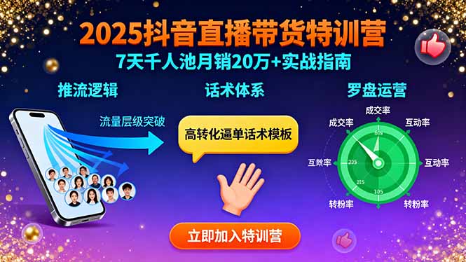 2025抖音直播带货特训：推流逻辑、话术体系、罗盘运营,7天千人池月销20万+-网创猫