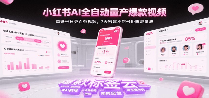 小红书AI全自动量产爆款视频，单账号日更百条视频，7天搭建不封号矩阵流量池-网创猫