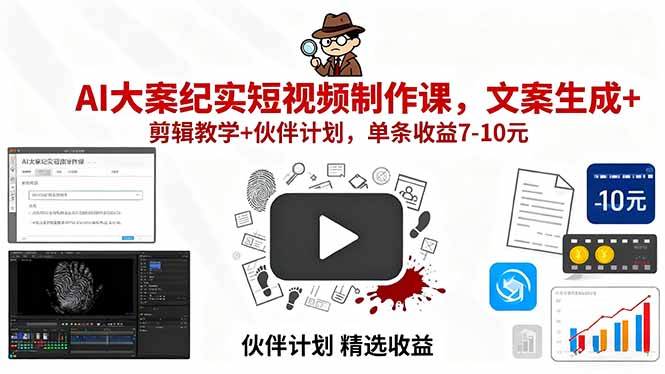 AI大案纪实短视频制作课，文案生成+剪辑教学+伙伴计划，单条收益7-10元-网创猫