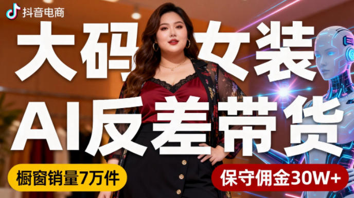 抖音小众赛道，大码女装AI反差带货，不用直播，每天6条作品，橱窗卖7万件，保守佣金30W+-网创猫