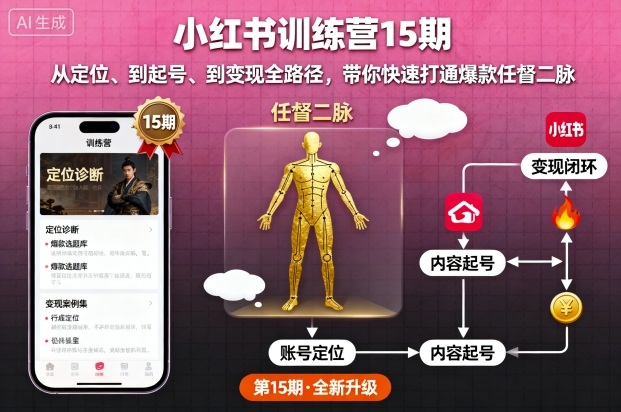 小红书训练营15期，从定位、到起号、到变现全路径，带你快速打通爆款任督二脉-网创猫