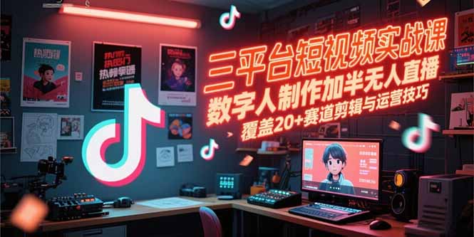 三平台短视频实战课，数字人制作加半无人直播，覆盖20+赛道剪辑与运营技巧-网创猫