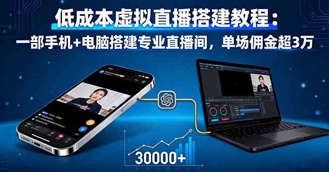 低成本虚拟直播搭建教程：一部手机+电脑搭建专业直播间，单场佣金超3万-网创猫