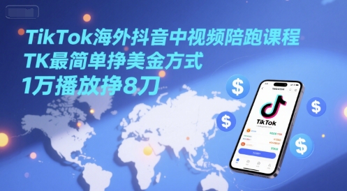 TikTok海外抖音中视频陪跑课程，TK最简单挣美金方式，1万播放挣8刀-网创猫