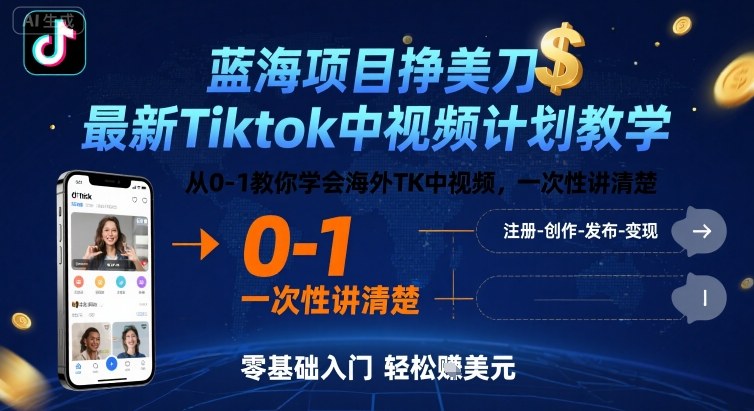 蓝海项目挣美刀，最新Tiktok中视频计划教学，从0-1教你学会海外TK中视频，一次性讲清楚-网创猫