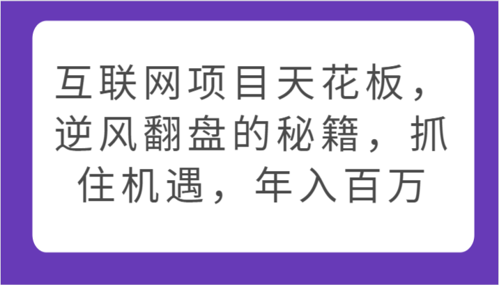 互联网项目天花板，逆风翻盘的秘籍，抓住机遇，年入百万-网创猫