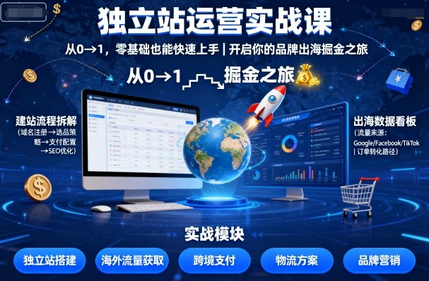 独立站运营实战课，​从0到1，零基础也能快速上手，开启你的品牌出海掘金之旅-网创猫
