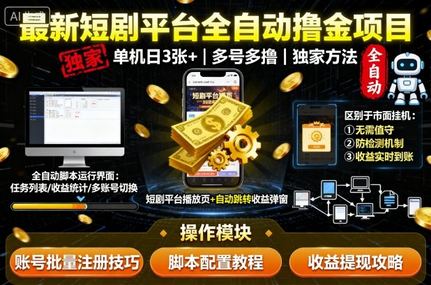 最新短剧平台全自动挂G撸金项目，单机一天3张+，多号多撸，区别于市面所有挂机项目，独家方法-网创猫