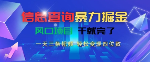 信息查询暴力掘金，一天三条视频，轻松变现四位数，风口项目干就完了-网创猫