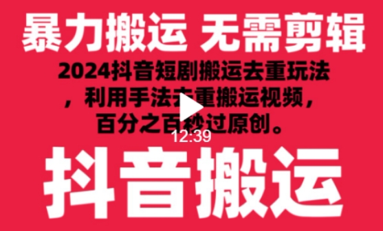 2024最新抖音搬运技术，抖音短剧视频去重，手法搬运，利用工具去重，达到秒过原创的效果-网创猫