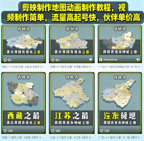 剪映制作地图动画制作教程，视频制作简单，流量高起号快，伙伴单价高-网创猫