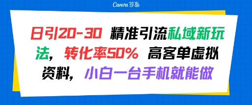 日引 20-30 精准引流私域新玩法，转化率50% 高客单虚拟资料，小白一台手机就能做-网创猫