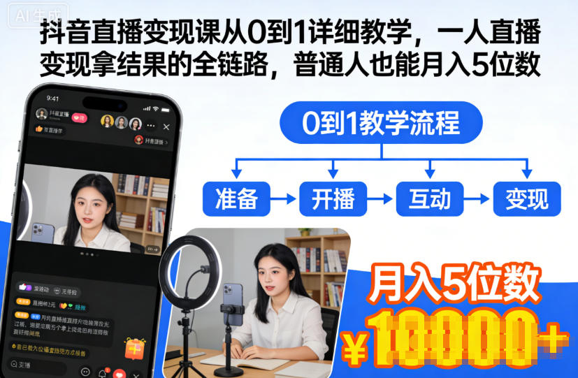 抖音直播变现课从0到1详细教学，一人直播变现拿结果的全链路，普通人也能月入5位数-网创猫