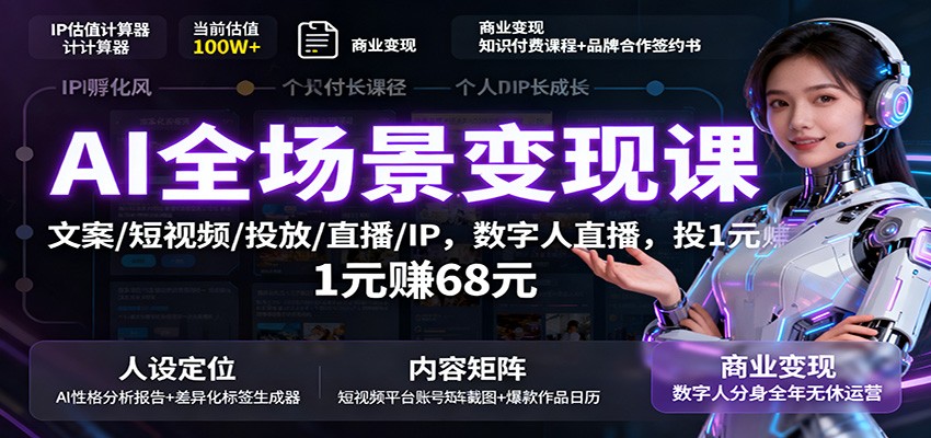 AI全场景变现课：文案/短视频/投放/直播/IP，数字人直播，投1元赚68元-网创猫
