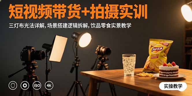 短视频带货+拍摄实训：三灯布光法详解,场景搭建逻辑拆解,饮品零食实景教学-网创猫