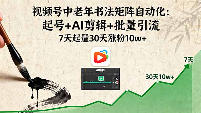 视频号中老年书法矩阵自动化：起号+AI剪辑+批量引流 7天起量30天涨粉10w+-网创猫