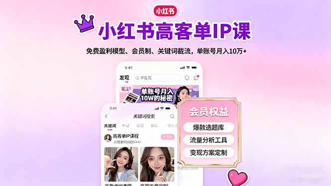 小红书高客单IP课，免费盈利模型、会员制、关键词截流，单账号月入10万+-网创猫