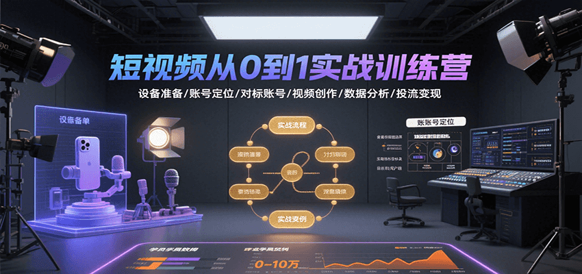 短视频从0到1实战训练营：设备准备/账号定位/对标账号/视频创作/数据分析/投流变现-网创猫