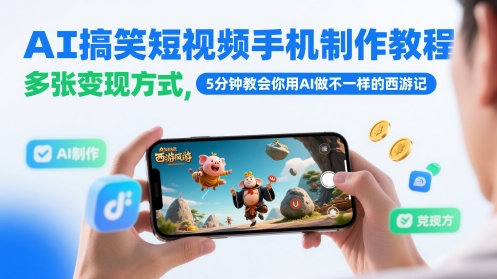 AI搞笑短视频手机制作教程，多张变现方式，5分钟教会你用AI做不一样的西游记-网创猫