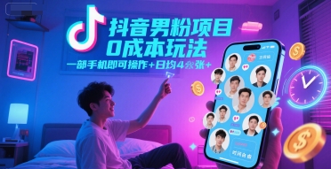 抖音男粉项目0成本玩法,一部手机即可操作,日均4张+,时间自由-网创猫