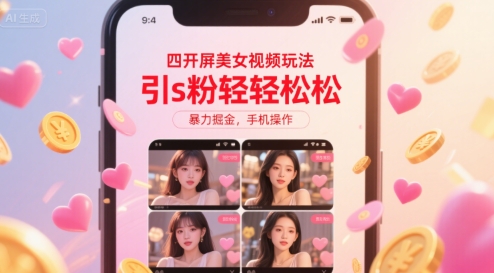 四开屏美女视频玩法，引s粉轻轻松松，暴力掘金，手机操作-网创猫