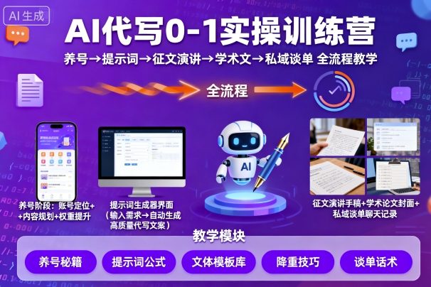 AI代写0-1实操训练营,从养号、提示词、征文演讲、学术文,到私域谈单的全流程教学-网创猫