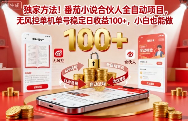 独家方法！番茄小说合伙人全自动挂G项目，无风控单机单号稳定日收益100+，小白也能做-网创猫