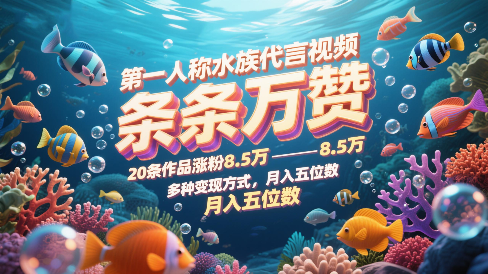 第一人称水族代言视频，条条万赞，20条作品涨粉8.5万，多种变现方式月，入五位数-网创猫