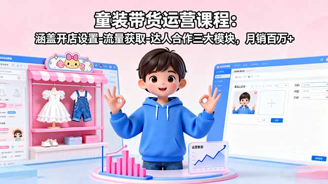 童装带货运营课程：涵盖开店设置-流量获取-达人合作三大模块，月销百万+-网创猫