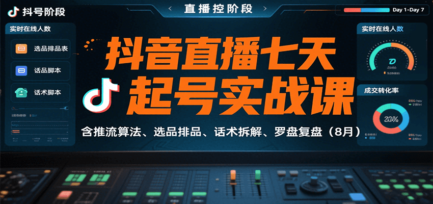 抖音直播七天起号实战课：含推流算法、选品排品、话术拆解、罗盘复盘（8月）-网创猫