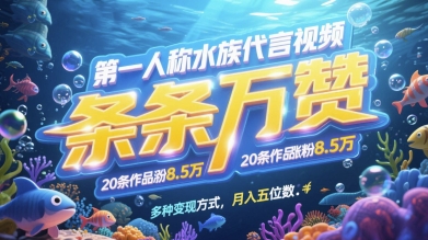第一人称水族代言视频，条条万赞，20条作品涨粉7.8W，多种变现方式月入五位数-网创猫