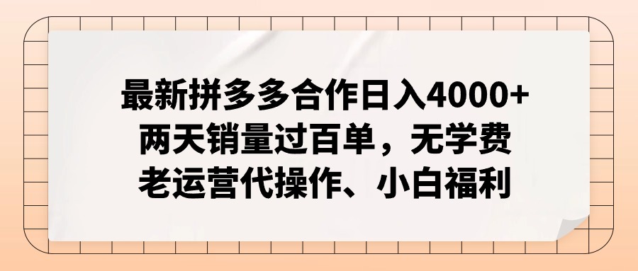 （12869期）拼多多最新合作日入4000+两天销量过百单，无学费、老运营代操作、小白福利-网创猫